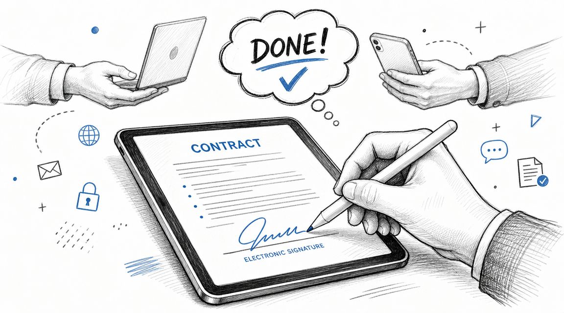 A hand signing a digital contract on a tablet with other devices and icons in the background.