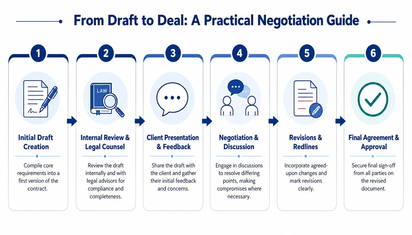A six-step infographic guide titled From Draft to Deal showing the process of negotiating a formal contract.